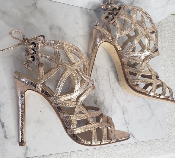 Topshop rose gold metallic strappy sexy caged heels sz 7.5 - Picture 2 of 11